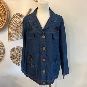 Vintage Breckenridge Woman Embroidered Bear Tree Denim Jacket Cabin Core XL